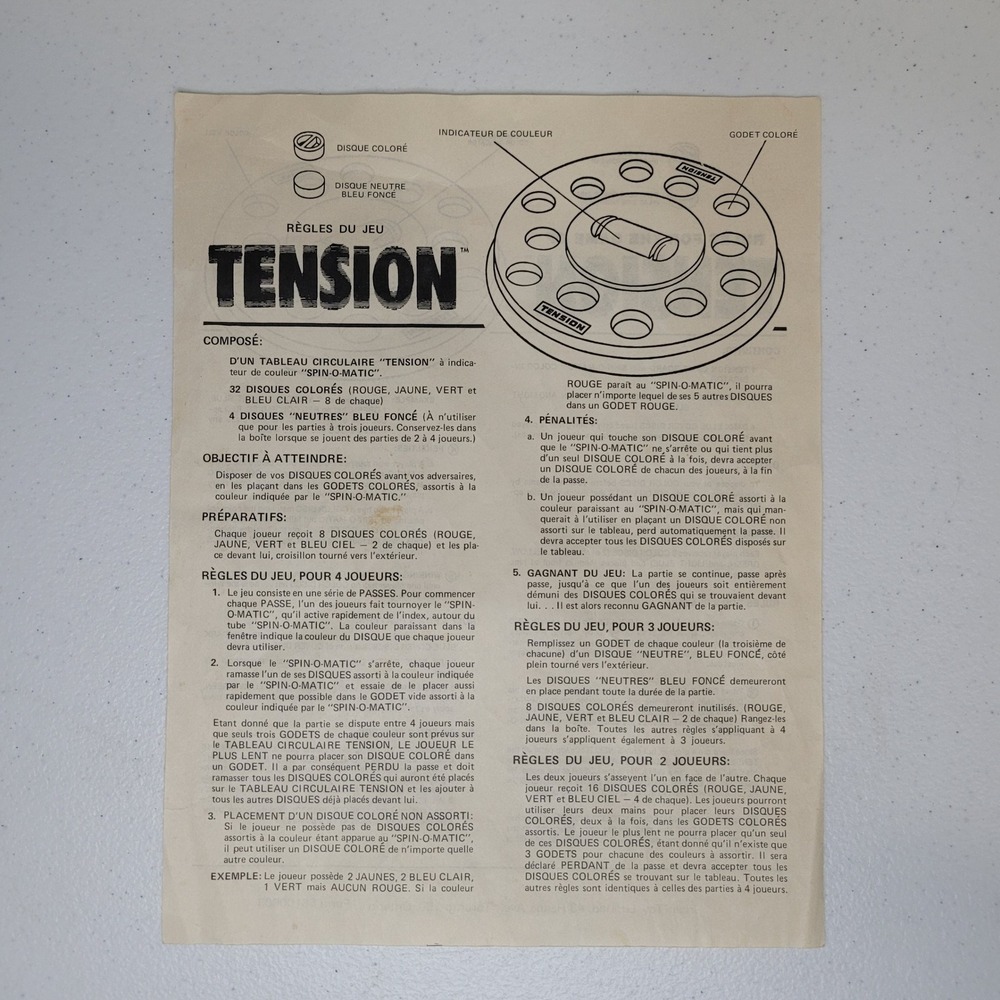 Irwin Toy Tension Game Rules Sheet Instruction 1970s Vintage